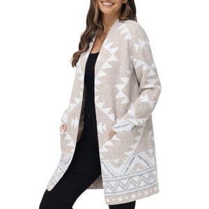 FRYE The Cozy Cardigan Sweater Beige White Patterned Small